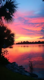 Sunset reflections over palm-framed tropical shoreline.