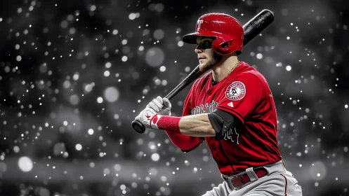 Red-uniformed batter waits in a snowfall of stadium lights.