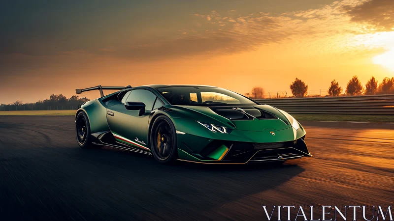 Aerodynamic green supercar cornering on racetrack at sunset