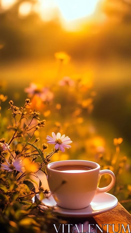 Morning coffee glows in golden sunrise garden light.