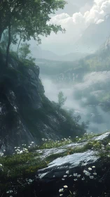 Fog-draped alpine ravine with rocky ledge and wildflowers