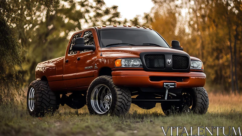 Lifted custom orange pickup truck stands in autumn light.