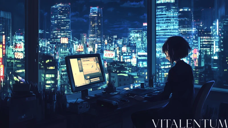 Cyberpunk workstation overlooking neon-drenched megacity skyline.