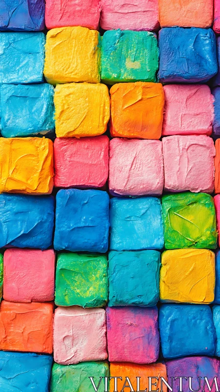 Stacked impasto color blocks form dense grid of textured squares