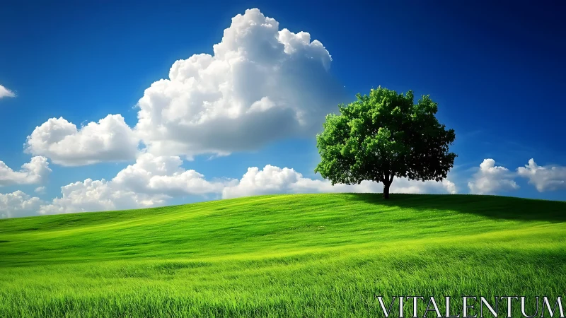 Solitary summer tree crowned by drifting cloud kingdoms.
