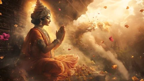 Radiant goddess in saffron prayer amid swirling petals.