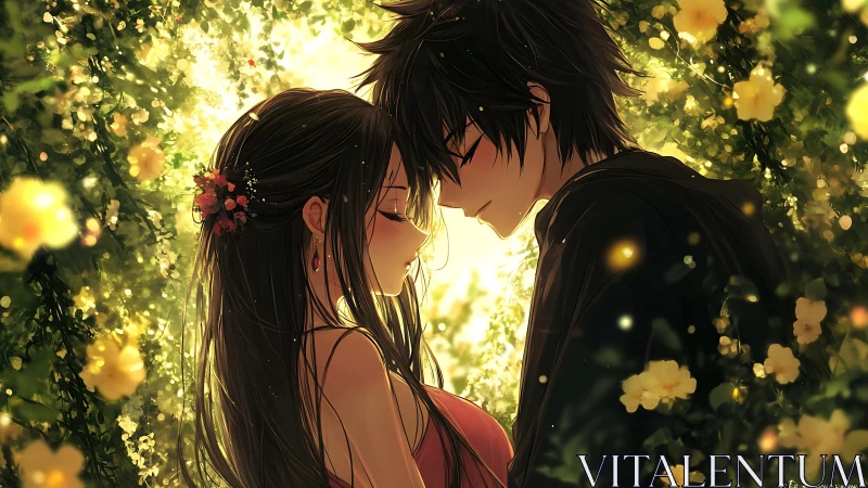 Sunlit anime lovers share a quiet embrace in golden bloom