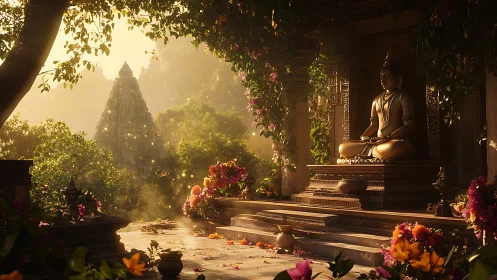 Golden Buddha shrine in luminous jungle temple courtyard.