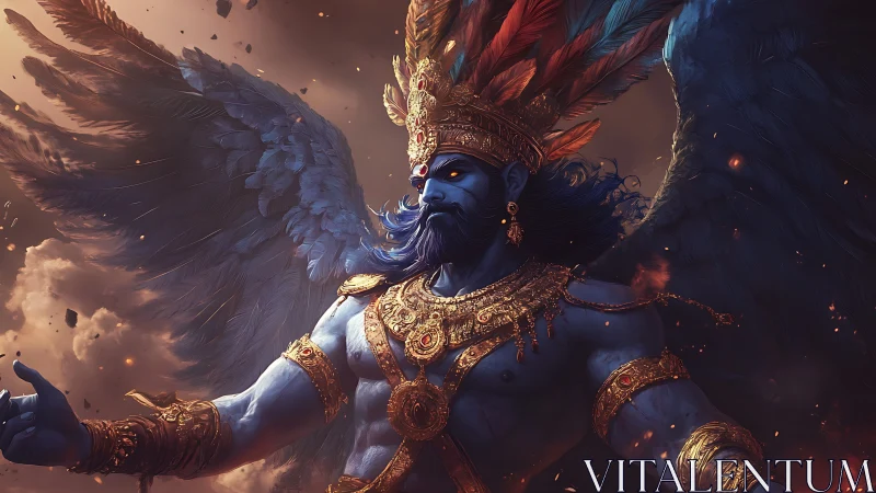 Winged blue deity in molten sky, adorned with fiery crown.