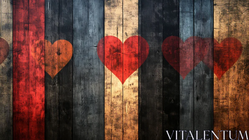 Red heart shapes arranged on weathered wooden planks.