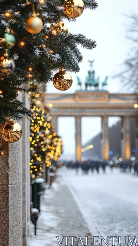 Photorealistic winter street with festive bokeh foregrounded tree.