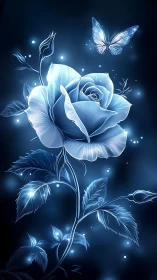 Luminous blue rose with glowing butterfly on dark background