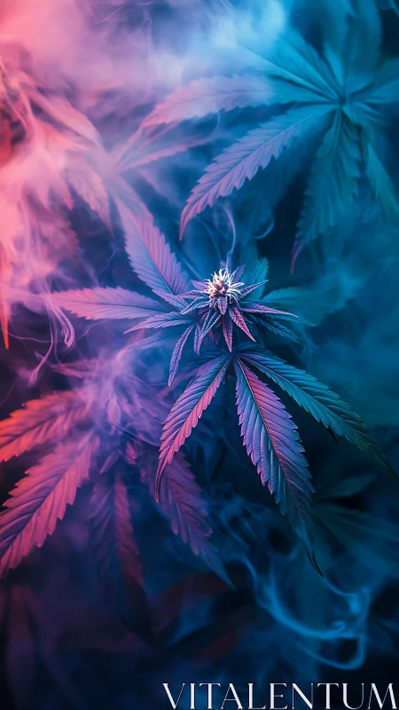 Luminous cannabis leaves drifting through neon mist.