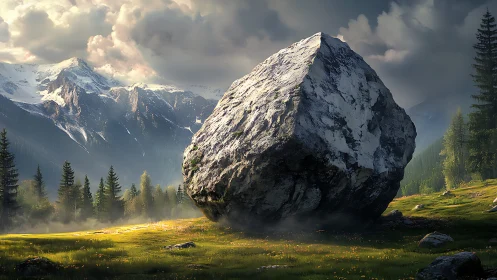 Large angular boulder occupies foreground in sunlit alpine meadow