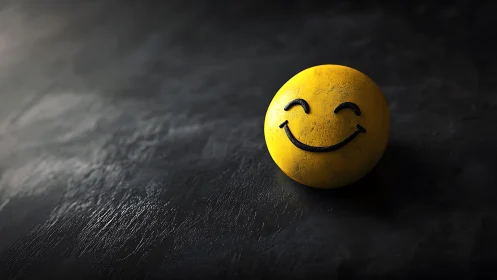 Yellow smiley sphere on dark textured surface in light.