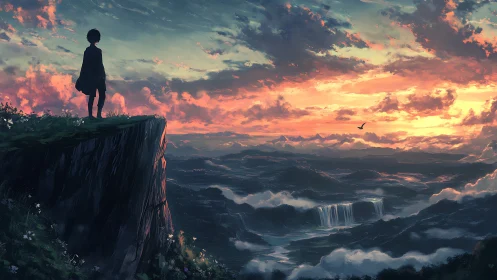 Silhouetted figure on cliff above distant waterfalls at dusk.