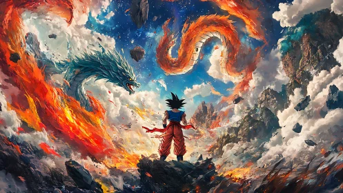 Warrior facing twin elemental dragons in shattered sky.