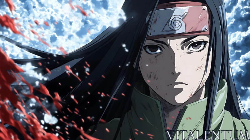 Anime warrior portrait with dynamic blood-splatter framing.