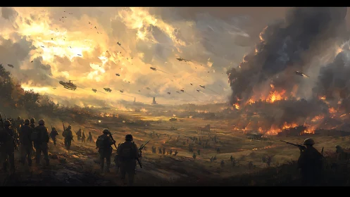 Futuristic infantry advance under burning war-torn skies.
