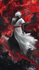 White robed dark warrior stands amid swirling red energy