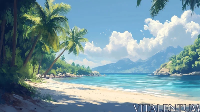 Tropical Coastline with Palm Trees and Mountain Range