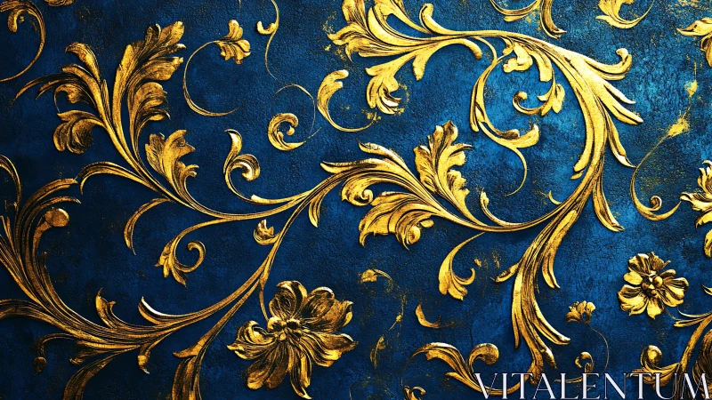 Gilded baroque foliage relief on textured cobalt ground.