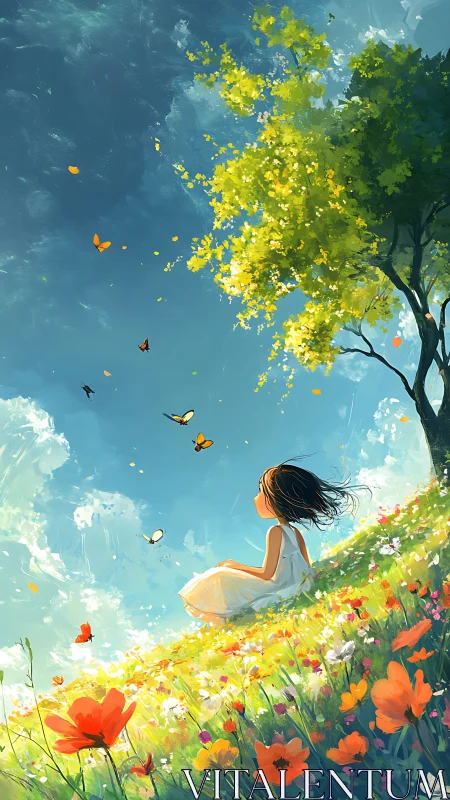 Girl in white dress watching butterflies on sunlit hillside.