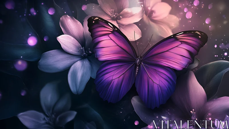 Vibrant purple butterfly glows softly amid dreamy floral haze