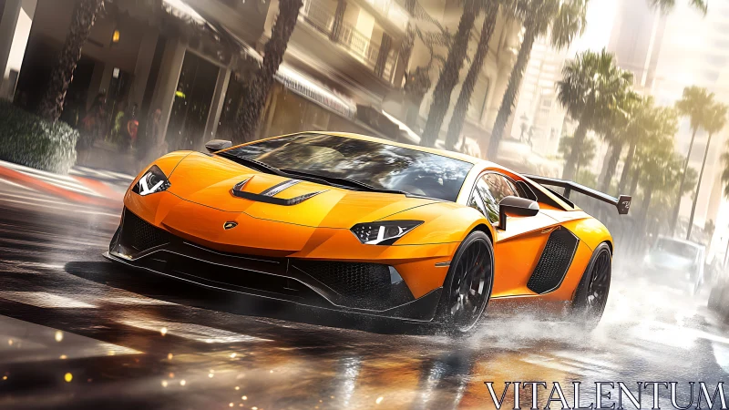 Tangerine thunderhypercar slicing rainlit city boulevard.