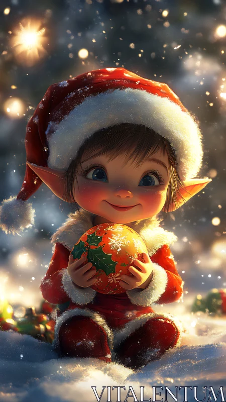Festive elf in snow with luminous ornament bokeh field.