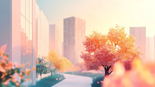 Soft sunrise stroll through a pastel city parkscape.