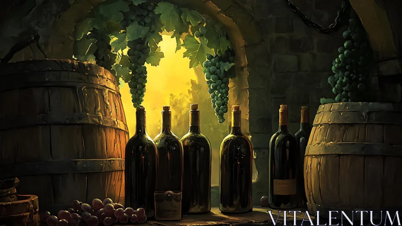 Sunlit wine cellar scene glows with rustic vineyard warmth