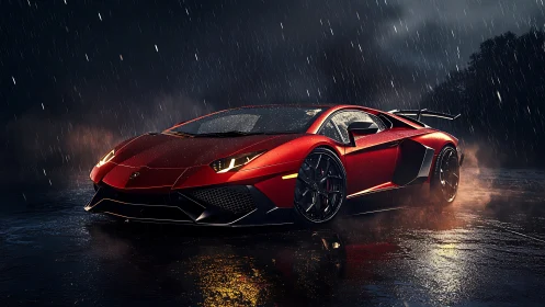 Sleek red supercar glowing with confidence in the rain.