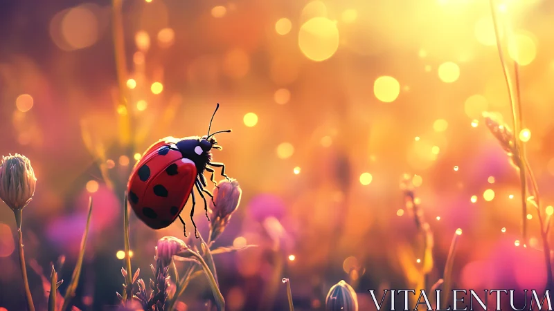 Ladybug resting on wildflower in glowing bokeh sunset field.