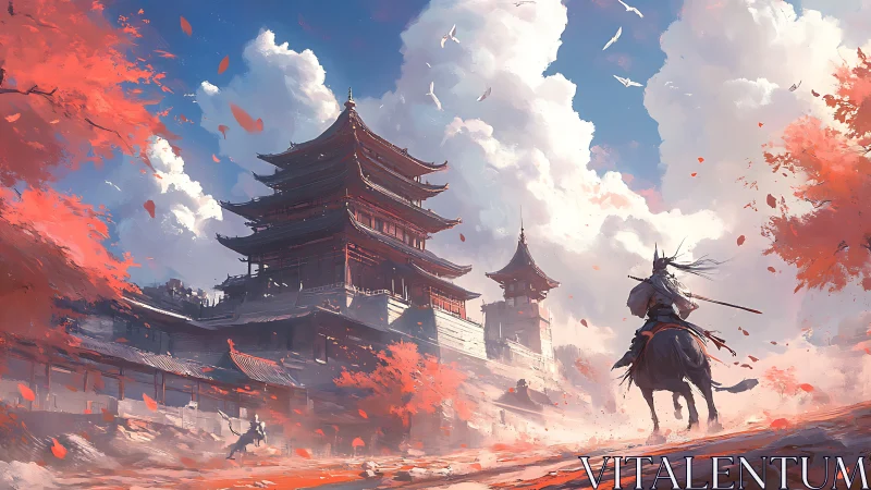 Samurai on horseback approaches tiered temple under red trees