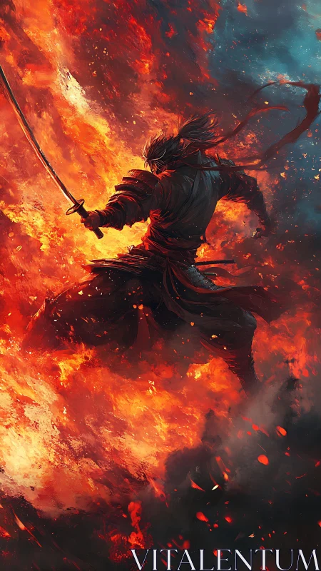 Samurai warrior framed in intense swirling firestorm.