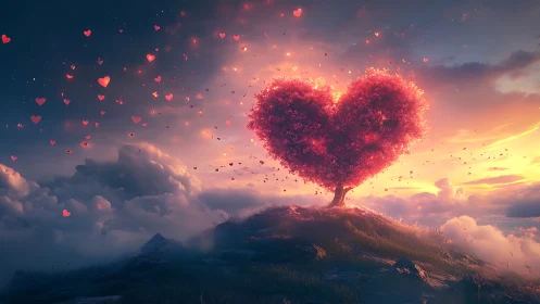 Heart-shaped tree glowing against clouded landscape at sunset.