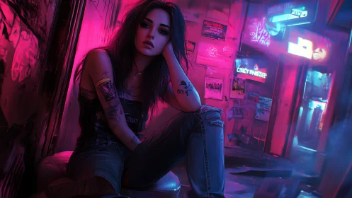 Tattooed girl waits in neon alley under magenta blue light