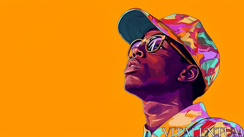 Colorful vector portrait shows person in cap and sunglasses