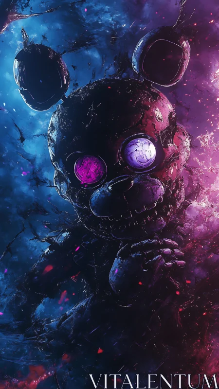 Broken neon animatronic bear drifts in cosmic twilight storm.