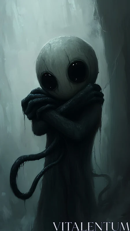 Figure with spherical head and tentacles stands in mist