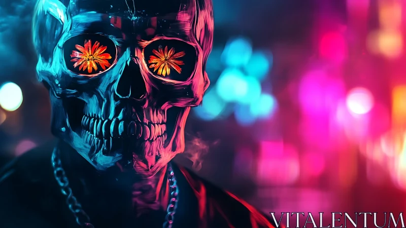 Chromatic neon skull with refractive floral ocular arrays.