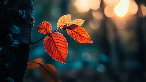 Autumn leaves glowing in golden sunset, dreamy nature photography.
