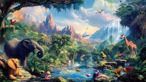 Vibrant jungle valley with river, wildlife, and waterfalls.