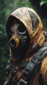 Gas mask scout in weathered hazard hood within dense foliage