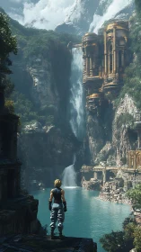 Solitary adventurer before colossal cliffside hydro-ruins