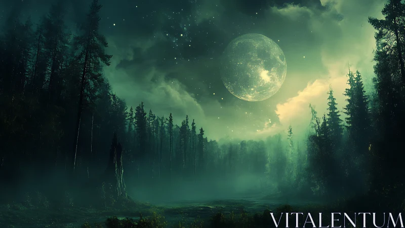 Moonlit mist over enchanted evergreen forest horizon.