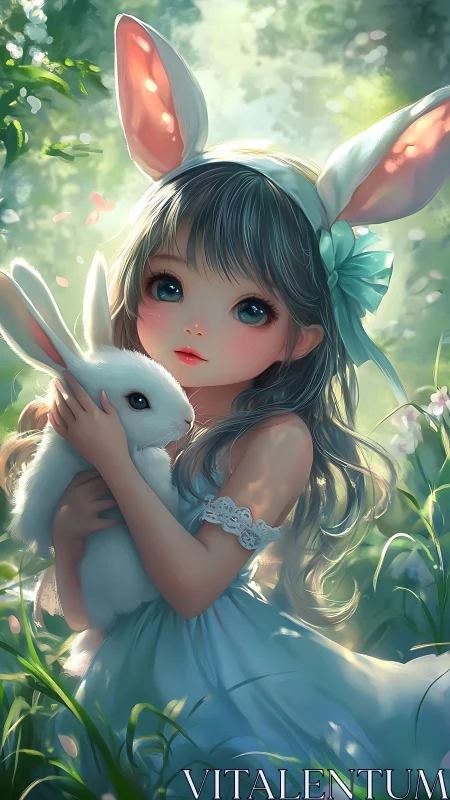 Bunny-eared girl cradles white rabbit in soft forest light