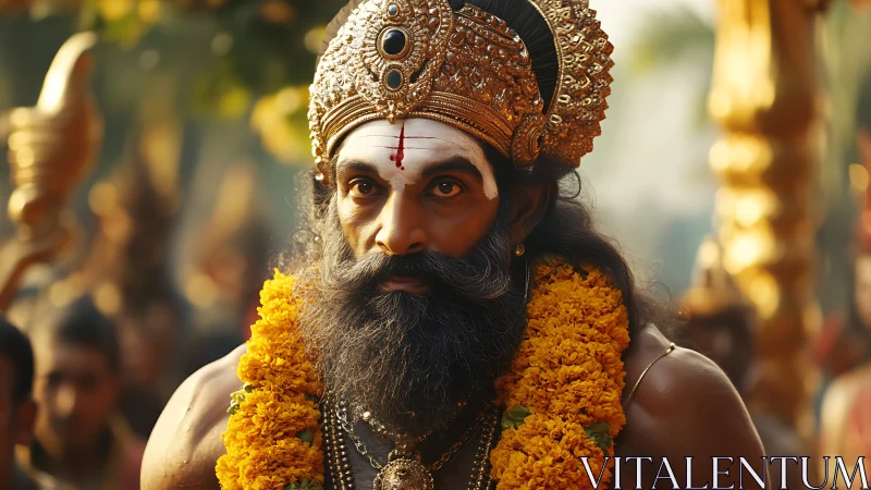 Regal bearded devotee crowned in marigold thunderstorm.