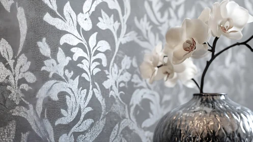 Photorealistic orchid still life against damask foil wall.